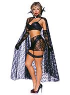 Female vampire, top and skirt costume, faux leather, floral lace, stay up collar